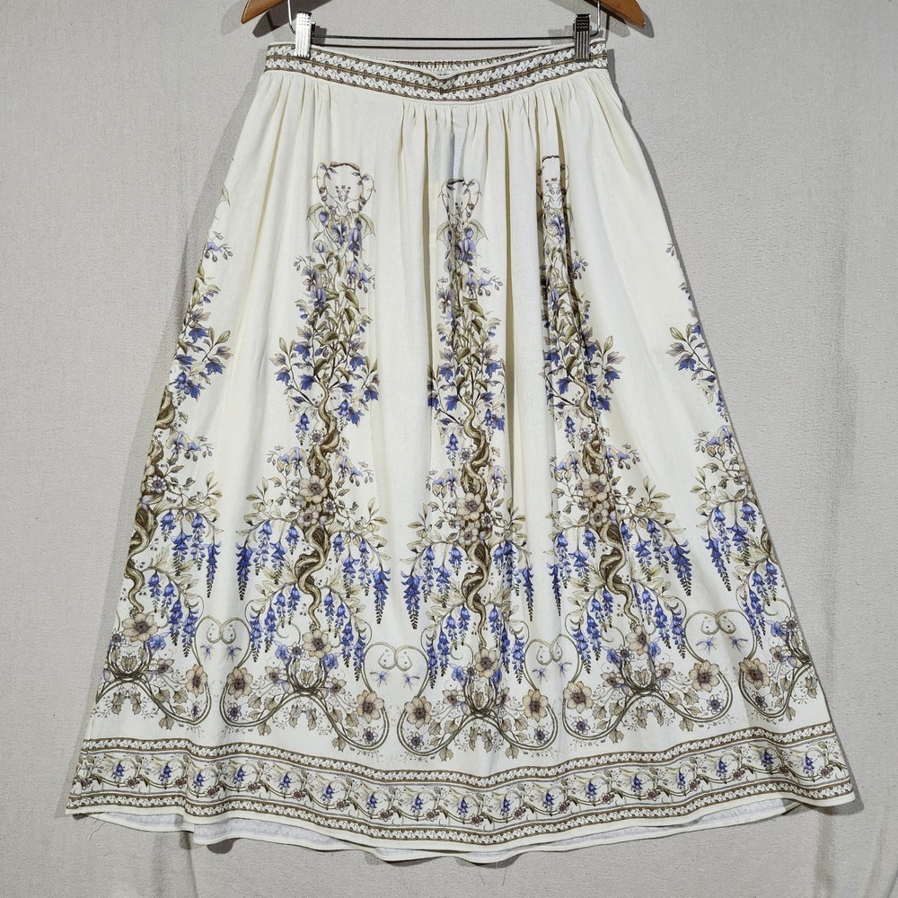 Max Studio London Wisteria Floral Midi Skirt Cream Blue Linen Blend Size L NEW